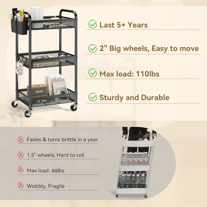 YASONIC 3 Tier Metal Rolling Cart, Black Utility Storage Cart with Wheels - color: Black, size: 3-tier