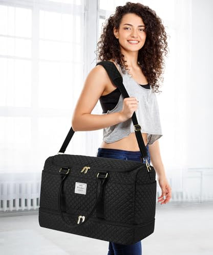 WINDARS Travel Duffle Bag, Weekender Bags for Women with Shoe Compartment, Overnight Bag with Toiletry Bag, Carry On Duffel Bags For Airplanes, Yoga Gym Duffel Bag, Black - color: Black