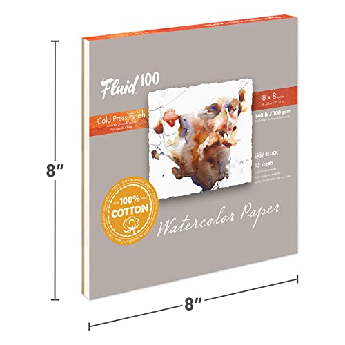 Fluid 100 Watercolor Paper Block, 8 x 8 inches, 15 Sheets, 140 lb (300 GSM) 100% Cotton Cold Press Pad for Artist Painting and Wet Media - size: 8 x 8 (140 lb)