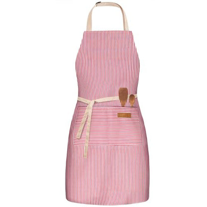 BeLuyi Adjustable Bib Apron with 2 Pockets Chef Cooking Kitchen Restaurant Aprons for Women Men - color: Red Pinstripes