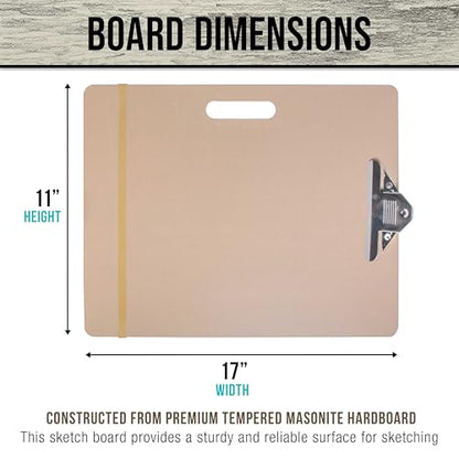 U.S. Art Supply 11" x 17" Artist Sketch Tote Board - Lightweight Hardboard | Drawing Board with Handle, Clip & Rubber Band for Art, Sketching, Travel, Studio - size: 11" x 17"