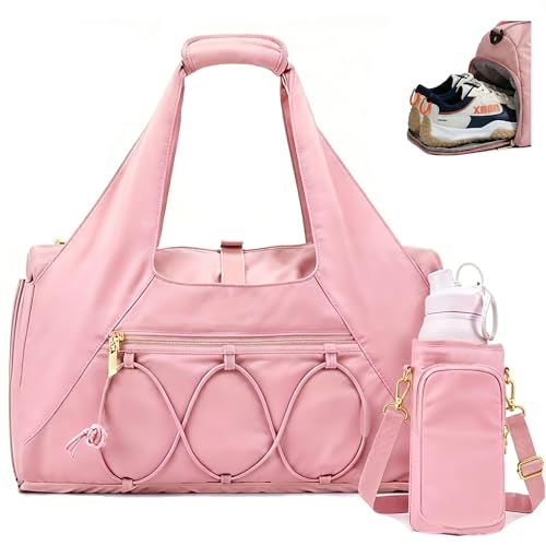 Gym Bag for Women, Yoga Mat Bag with Shoe Compartment and Wet Pocket, Sport Yoga Gym Bag with Yoga Strap, Carryall Yoga Tote Bag - color: Pink