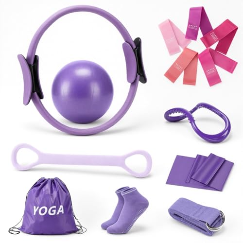 Pilates Ring Set for Women, Home Workout Pilates Equipment with Resistance Bands, 14'' Magic Circle, Mini Ball, Pilates Starter Kit for Strength - color: Purple