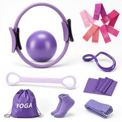 Pilates Ring Set for Women, Home Workout Pilates Equipment with Resistance Bands, 14'' Magic Circle, Mini Ball, Pilates Starter Kit for Strength - color: Purple