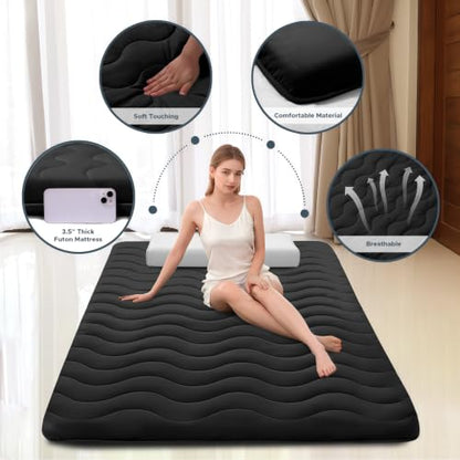 SCHNAUZER HOME Japanese Futon Floor Mattress Queen 3.5" Thick Black - color: Black, size: Queen( 80 x 60 )