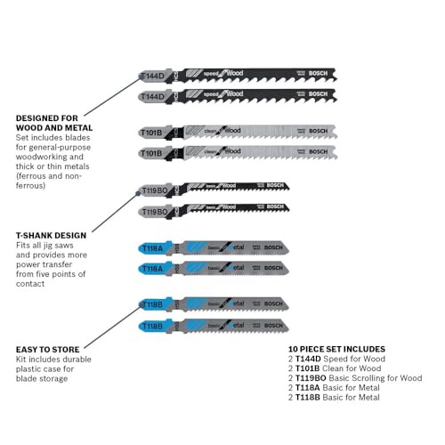 Bosch T5002A 10 pc. T-Shank Jig Saw Blade Set for Wood and Metal - size: 10 pack