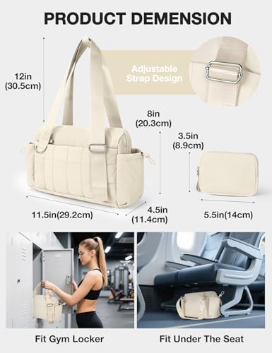 Mini Gym Bag for Women Puffy Bag, Small Gym Bag with Coin Wallet, Lightweight Gym Tote Bag for Fitness, Work, Travel, Daily Commute,Beige - color: Beige