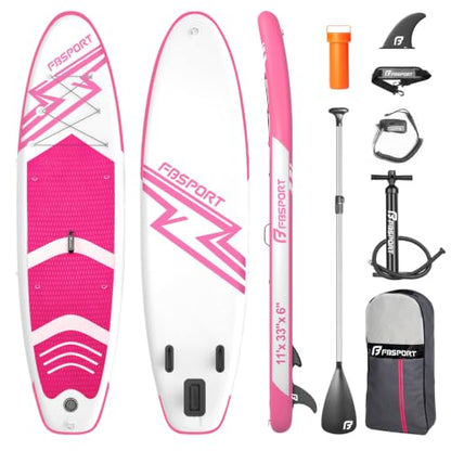 FBSPORT 11' Premium Stand Up Paddle Board, Yoga Board with SUP Accessories & Carry Bag | Wide Stance, Surf Control, Non-Slip Deck, Leash, Paddle and Pump for Youth & Adult - color: Pink