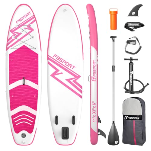 FBSPORT 11' Premium Stand Up Paddle Board, Yoga Board with SUP Accessories & Carry Bag | Wide Stance, Surf Control, Non-Slip Deck, Leash, Paddle and Pump for Youth & Adult - color: Pink