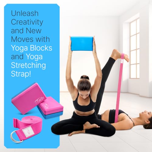 Yoga Blocks 2 Pack with Strap and Guide – Soft Non-Slip EVA Foam Blocks | High-Density Pilates Blocks for Home Workouts, Dance, Ballet, Gymnastics & Stretching Exercise, Dance Accessories and Gifts - color: Pink/Blue & Stretch Band Rose