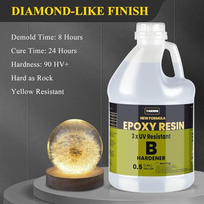TAKIMO 1 Gal 3X UV Resistant Crystal Clear Epoxy Resin Kit, 1:1 High Gloss | Non-Yellowing Formula, Bubble-Free, Self-Leveling, Art, Crafts, Jewelry, Casting, Coating and Tabletop Projects - size: 1 Gallon