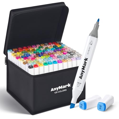 AnyMark 120 Colors Alcohol Markers Chisel & Fine Dual Tip | Coloring Markers Set for Adult Book Drawing Sketching Painting, Illustration, White Penholder