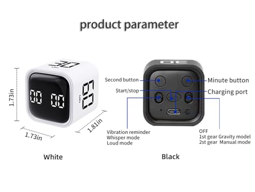 Digital Cube Pomodoro Timer Desk Rechargeable Productivity Timer 5/10/30/60min & Custom Countdown, Vibration & Adjustable Sound Alarm,for Task Work Kitchen ADHD Kids Studying (Black) - color: Black
