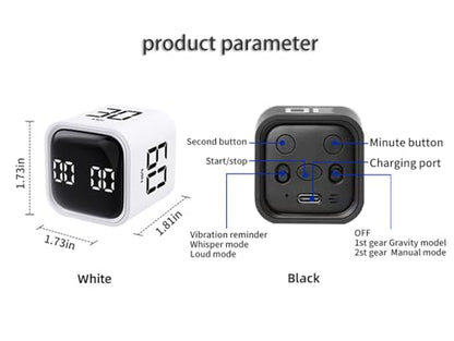 Digital Cube Pomodoro Timer Desk Rechargeable Productivity Timer 5/10/30/60min & Custom Countdown, Vibration & Adjustable Sound Alarm,for Task Work Kitchen ADHD Kids Studying (Black) - color: Black