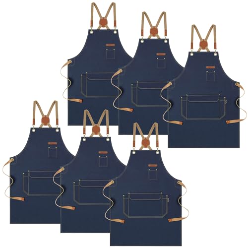Chef Apron with Cross Back Straps for Men Women, Cotton Canvas Apron for Artists Painting, Kitchen Cooking - color: Navy, 6pack