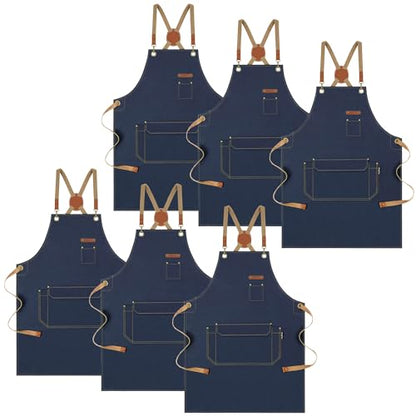 Chef Apron with Cross Back Straps for Men Women, Cotton Canvas Apron for Artists Painting, Kitchen Cooking - color: Navy, 6pack