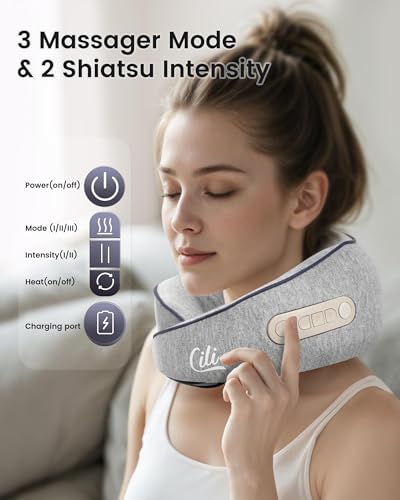 CILI Cordless Neck Massager Pillow with Heat, Shiatsu Neck Massager for Pain Relief Deep Tissue,Heated Massage Pillow for Travel,3 Adjustable Intensity, Gifts for Women Men