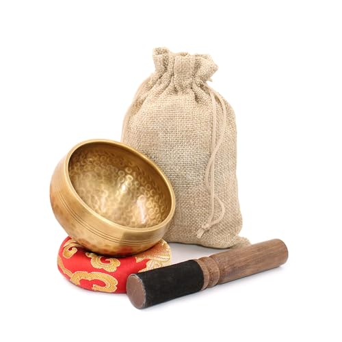 Tibetan Singing Bowls Set, Singing Bowls, Meditation Sound Bowl Handcrafted in Nepal, For Yoga, Meditation, Mindfulness, Healing & Chakra balancing - color: 3.15 inch Gold