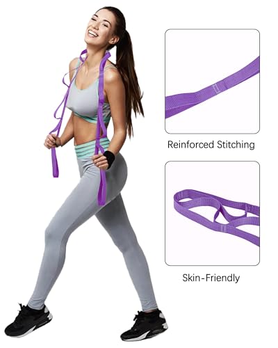 10 Loop Yoga Stretching Strap for Physical Therapy - Non-Elastic Exercise Band for Pilates, Yoga, Stretching for Women & Men - color: Purple
