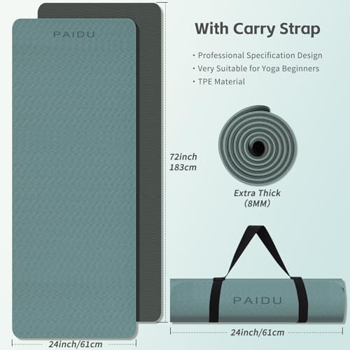 PAIDU Yoga Mat 8mm TPE Non‑Slip Fitness Mat with Strap for Home Workouts - color: 딥그린 & 그레이