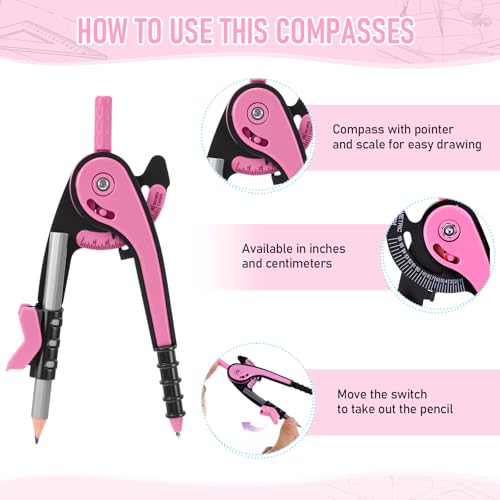 EBOOT Student Geometry Math Set, Drawing Compass and 6 Inch Clear Swing Arm Protractors 180 Degree Math Protractor(Pink) - color: Pink