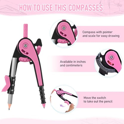 EBOOT Student Geometry Math Set, Drawing Compass and 6 Inch Clear Swing Arm Protractors 180 Degree Math Protractor(Pink) - color: Pink