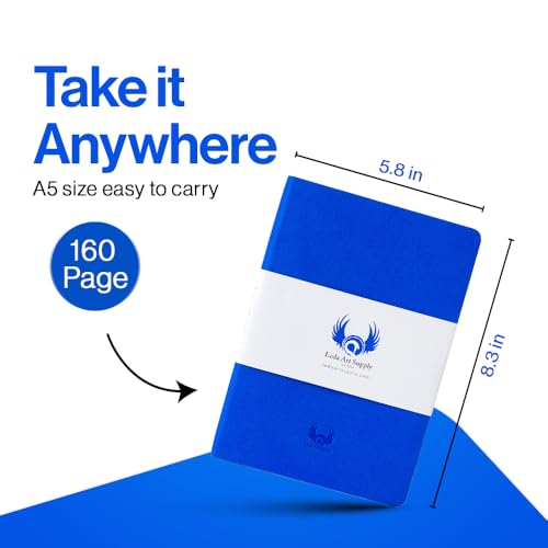 Leda Art Lay-Flat Sketchbook for Drawing, Artist A5, 160 Pages, Blue | Smooth cream paper takes pencil, ink, charcoal, light watercolor,thread-sewn binding,elastic strap,back pocket (5.8 x 8.3 in) - size: Medium Blue