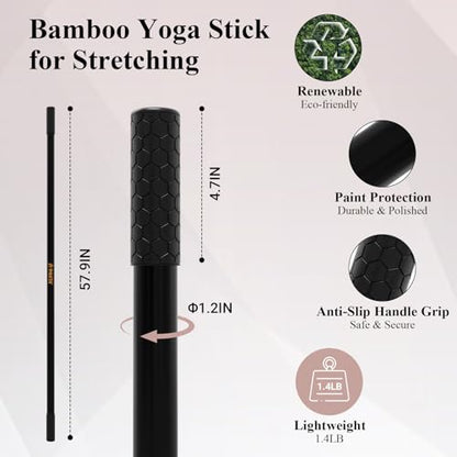 PAETA Yoga Stick for Stretching, 5ft Exercise Stick for Mobility & Flexibility, Bamboo Stretch Bar and Posture Pole with Non-Slip Grip - Includes Free Video Guide - color: Black