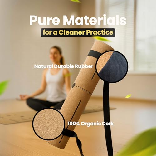 Cork Yoga/Excercise Mat with Carrying Strap | 72in x 26in | 5mm Thick | Luxury | Eco-Friendly | Non-Slip & Water Absorbent | Alignment and Pose Markers | Laser Engraved Design | Pilates