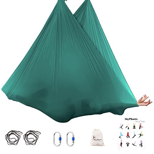 5.5 Yards Aerial Silks Yoga Swing Set - Aerial Yoga Hammock Kit Anti-Gravity Flying for Fitness, Low/Non Stretch Nylon Tricot Fabric Hardware Included for Dance - color: PETROL