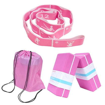 Yoga Blocks 2 Pack with Elastic Stretch Band & Bag – High Density Foam Yoga Blocks for Stability, Deep Stretching & Balance, 12-Loop Resistance Strap for Yoga, Pilates, Dance & Flexibility Training - color: Pink+Pink
