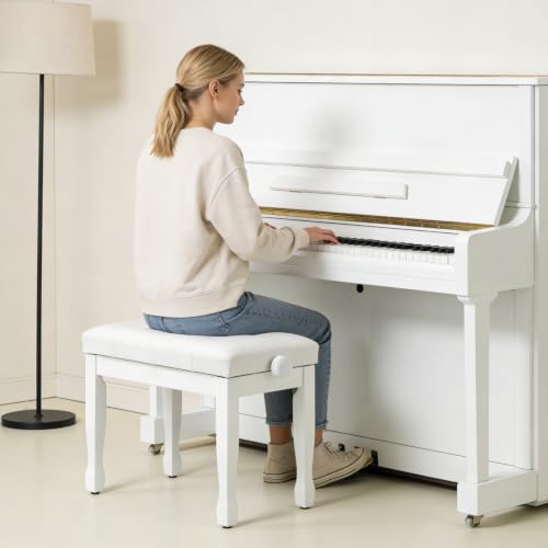 Adjustable Height Piano Bench, Wooden Piano Stool with Waterproof Padded Cushion, Bench Seat for Vanity, Bedroom, Living Room, White - color: Single-white