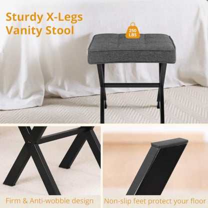 LUE BONA Vanity Stool, Square Linen Makeup Stool with Metal X Legs, Small Ottoman Stool Chair for Vanity, Modern Padded Vanity Seat Foot Rest Stool for Makeup Room, Living Room, Bathroom, Carbon Gray - color: Carbon Gray