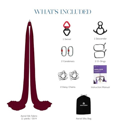 Aerial Silks Yoga Hammock Kit, 11 Yards, Hardware and Swivel | Knitted fabric with swivel and guide, portable carry bag included, for aerial yoga, gymnastics and home gym practice - color: Plum