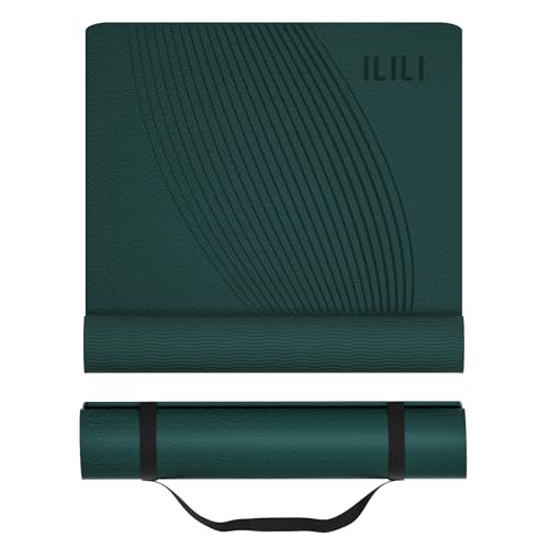 ILILI Exercise Mat 72''x25''×0.3''(8MM) | Compact Eco Friendly TPE Yoga Mat for Pilates & Fitness, Tear Resistant with Carry Strap for Home Gym Studio Stretching - color: Dark Green