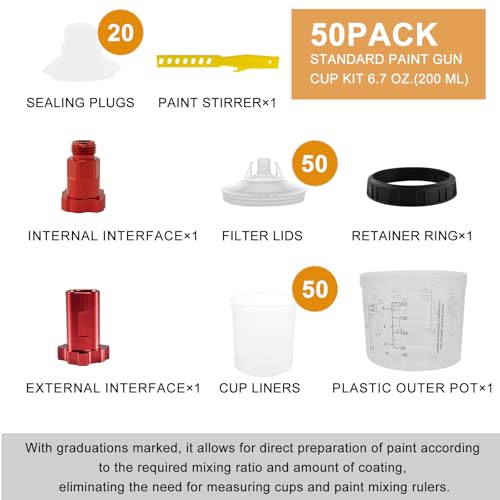 RRJ Disposable Paint Cup Automotive Spray Gun Paint System, for LVLP/HVLP Spray Gun Kit 6.7 Ounce(200ML) Mixing Cups with 50 Liners and Lids, 1 Hard Cup with Retainer Ring, 2 Adapter, Stirrer - color: 6.7 Ounce (200ml) Kit-50PCS
