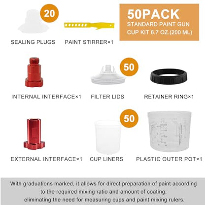 RRJ Disposable Paint Cup Automotive Spray Gun Paint System, for LVLP/HVLP Spray Gun Kit 6.7 Ounce(200ML) Mixing Cups with 50 Liners and Lids, 1 Hard Cup with Retainer Ring, 2 Adapter, Stirrer - color: 6.7 Ounce (200ml) Kit-50PCS