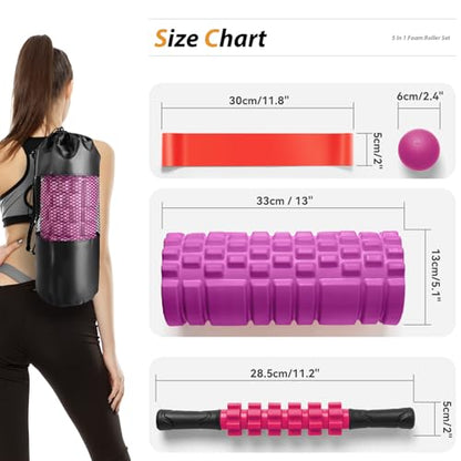 SUBCULTUREPICK 5 in 1 Foam Roller Set for Deep Tissue Muscle Massage - color: Pink-black