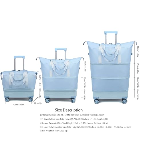 Expandable Rolling Travel Bag with Removable Wheels & Handle, Large Capacity Wheeled Duffle Tote, Foldable Carry On Luggage for Women, Lightweight Weekender Overnight Bag (LightBlue) - color: LightBlue