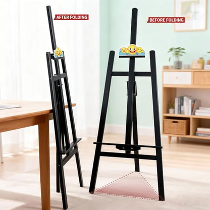Black Smiley Wooden Easel for Painting, Wedding Signs & Display | Adjustable foldable black easel for painting canvas. Sturdy A-frame stand for wedding signs, displays & studio. - color: Black