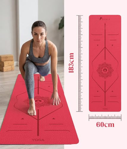 ROMIX Pro Yoga Mat With Alignment Lines, 6Mm Thick Non-Slip Exercise Mat | 72 x 24 In TPE Large Pilates Mat For Home Workout, Stretching, Training, Meditation, Carry Bag Included For Women And Men - color: Red