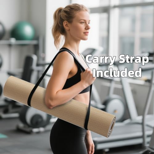 ILILI Exercise Mat 72''x25''×0.3''(8MM) | Compact Eco Friendly TPE Yoga Mat for Pilates & Fitness, Tear Resistant with Carry Strap for Home Gym Studio Stretching - color: Beige