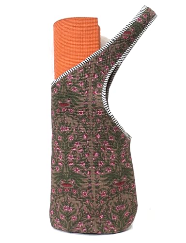 INDIAN CRAFT CASTLE Yoga Mat Bag | Tote Mat Bag | Sling Yoga Tote w/Large Side Pocket & Zipper Pocket | Yoga Mat Carrier Fits Most Size Mats - color: Brown Green