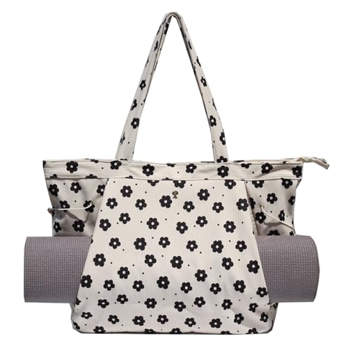ESVAN Corduroy Yoga Tote Bag Gifts for Women Drawstring Yoga Mat Bag for Office Workout Travel Carryall Pilates Gym - color: Black Flower
