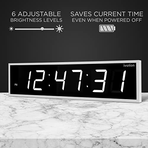 Ivation Oversized Digital Wall Clock with Large LED Display & Timer, 72" | Multi-function with Timer, Stopwatch, Alarms, Temp & Date, Aluminum frame, 6 Brightness levels, Time memory, Remote | White - color: White, size: 72" Inch
