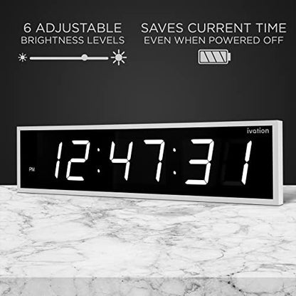 Ivation Oversized Digital Wall Clock with Large LED Display & Timer, 72" | Multi-function with Timer, Stopwatch, Alarms, Temp & Date, Aluminum frame, 6 Brightness levels, Time memory, Remote | White - color: White, size: 72" Inch