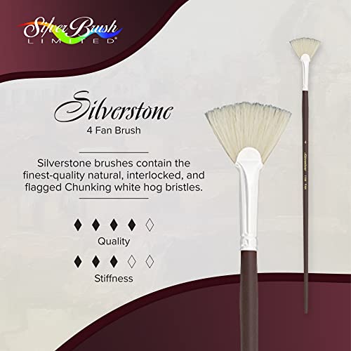 Silver Brush 1104-4 Silverstone Excellent Long Handle Hog Bristle Brush, Fan, Size 4 | Stiff Flagged Hog Bristle, Superb Paint Absorbency, Lightly Textured Strokes, Smoothing, Blending, Lifting, Softening Colors - size: Size 4