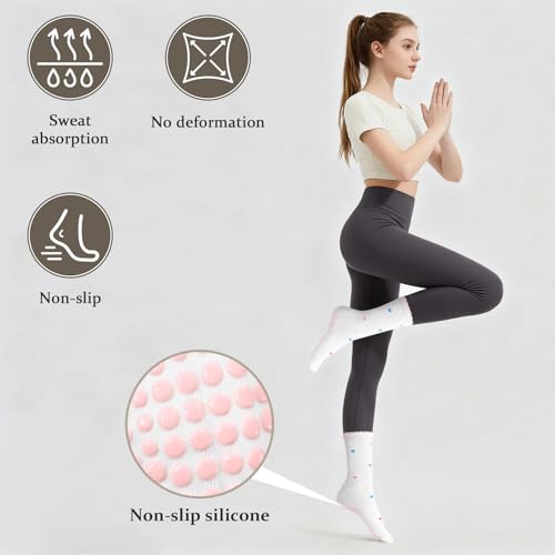 Women's Pilates Grip Socks, Ruffle Non Slip Bow Pattern Yoga Socks | Grippy, Frilly Trim, Embroidery, Crew Length, Soft Cotton, Arch Support, for Barre Ballet Dance Workout Hospital Home Gifts - color: D02-white + Apricot