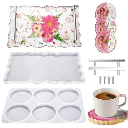 LET'S RESIN 6 Cavity Resin Coaster Molds and Tray Molds with Handle | Epoxy Resin Molds for Cup Mats, Coaster Silicone Molds for Flower Bouquet Preservation, DIY Art Craft and Home Decoration