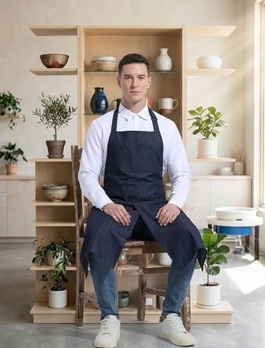 Pottery Apron Split Leg,100% Cotton Artist Apron 3 Pockets for Women Men,Ceramics Clay - color: Denim, size: 39" long